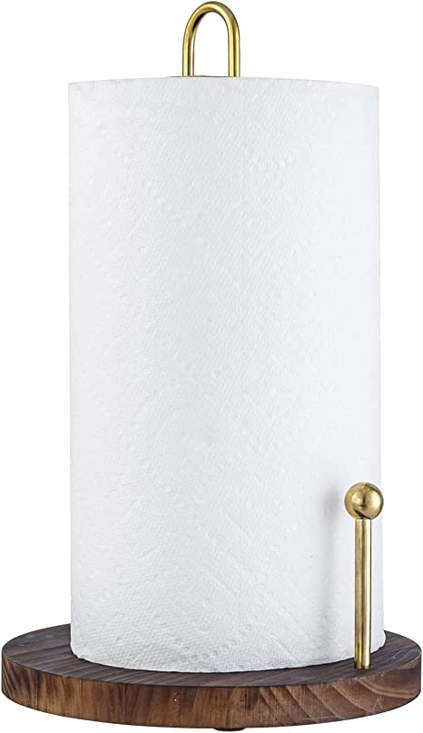 Modern Brass Tone Kitchen Paper Towel Holder with Round Burnt Wood Base-MyGift