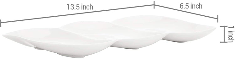 Set of 2, 3-Compartment Wave Design White Serving Tray, Ceramic Appetizer Platter-MyGift