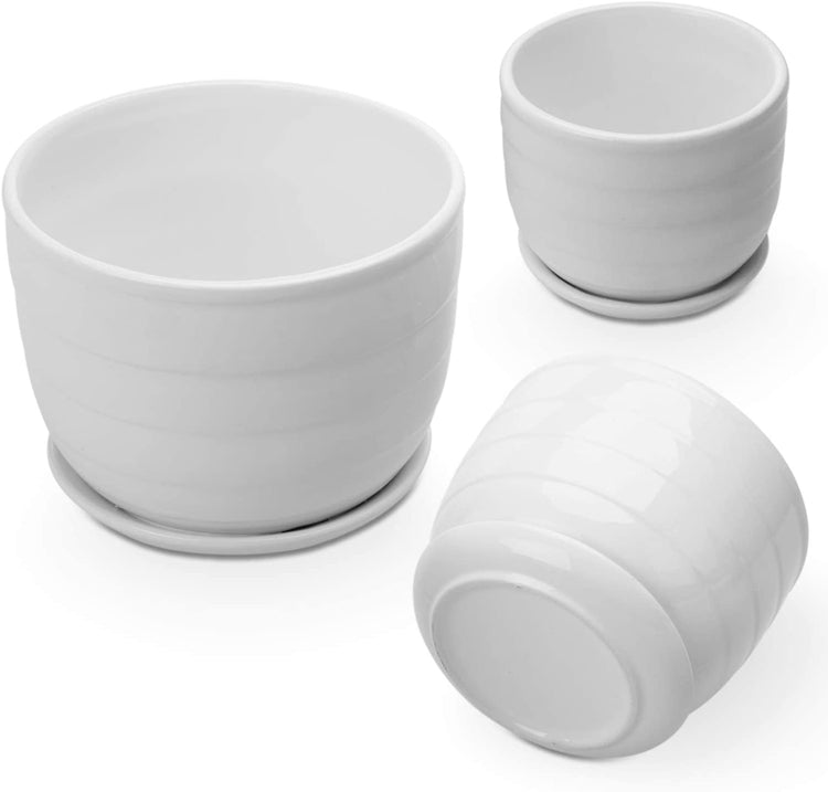 Set of 3 White Glazed Round RIbbed Ceramic Nesting Planters with Attached Saucers-MyGift