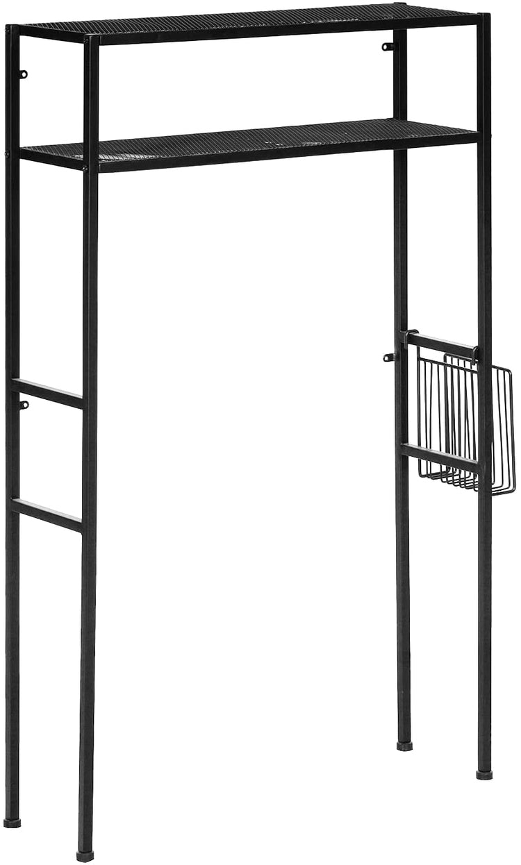 2-Tier Freestanding Matte Black Metal Over-the-Toilet Storage Rack with Magazine Holder Basket-MyGift