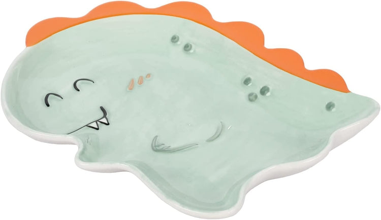 Baby Dinosaur Plate, Cute Turquoise and Orange Ceramic Dino Cartoon Serving Platter Tray-MyGift