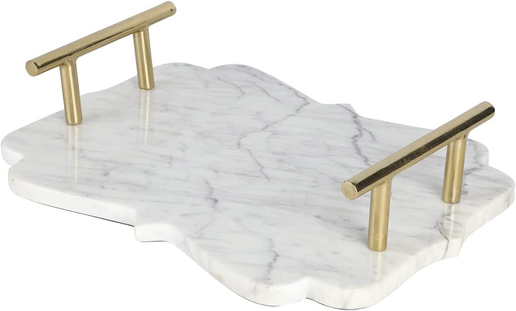 White Marble Serving Tray with Brass Tone Handles, Elegant Decorative Tray Home Decoration-MyGift