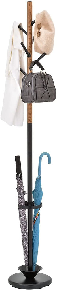 6-Hook Wood Grain and Black Metal Entryway Freestanding Coat Rack Stand Tree with Umbrella Holder-MyGift