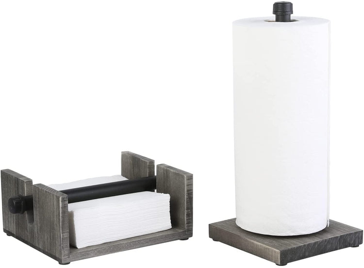 Kitchen Accessory Set, Gray Wood and Metal Paper Towel Holder Countertop and Napkin Holder with Weighted Arm-MyGift