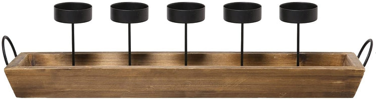 5-Pillar Black Metal Tabletop Candle Holder in Rustic Wood Tray with Handles-MyGift