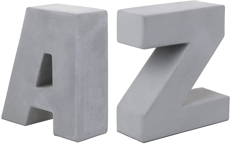 2 Piece Set, Gray Concrete A to Z Block Letter Bookends, Decorative Office Tabletop Book Ends-MyGift