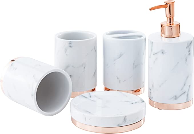 Modern Bathroom Accessories Set, Bath Accessory with Toothbrush Holder, Pump Dispenser, Tumbler and Soap Dish-MyGift