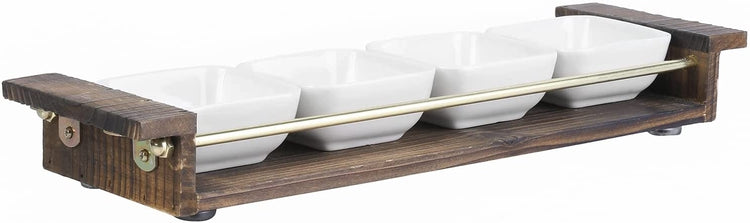 Appetizer Tray Set, White Ceramic Square Dip, Condiment, Sauce Bowls with Burnt Wood Brass Tone Metal Serving Platter-MyGift