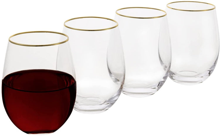 Set of 4, Brass-Plated Rimmed Stemless Wine Glass Set, Elegant Drinkware Glasses-MyGift