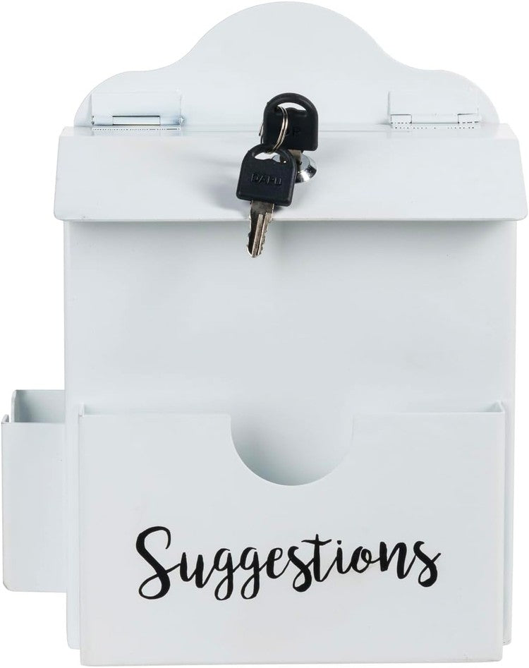 White Wall Mounted or Tabletop Lockable Comment Box, Paper Sheet Slot, Pen Holder, Top Lock and Keys-MyGift