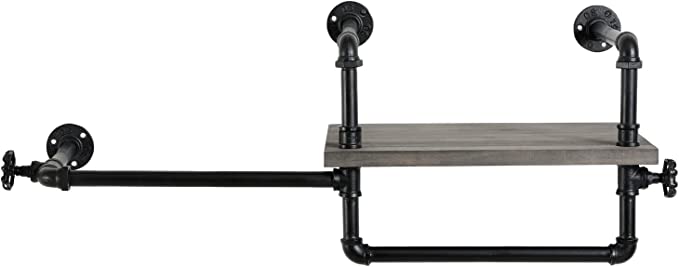 Wall Mounted Weathered Gray Wood and Industrial Black Metal Pipe Garment Rack with Vintage Valve Accents-MyGift