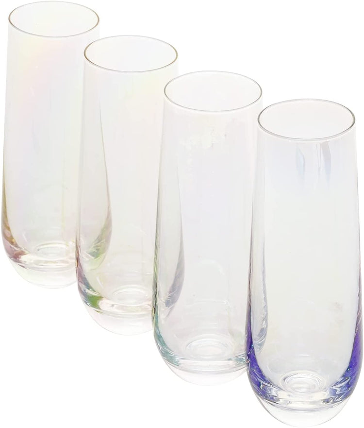 Set of 4, 9oz Iridescent Clear Glass Stemless Champagne Flutes, Sparkling Wine Champagne Glasses Party Drinkware-MyGift