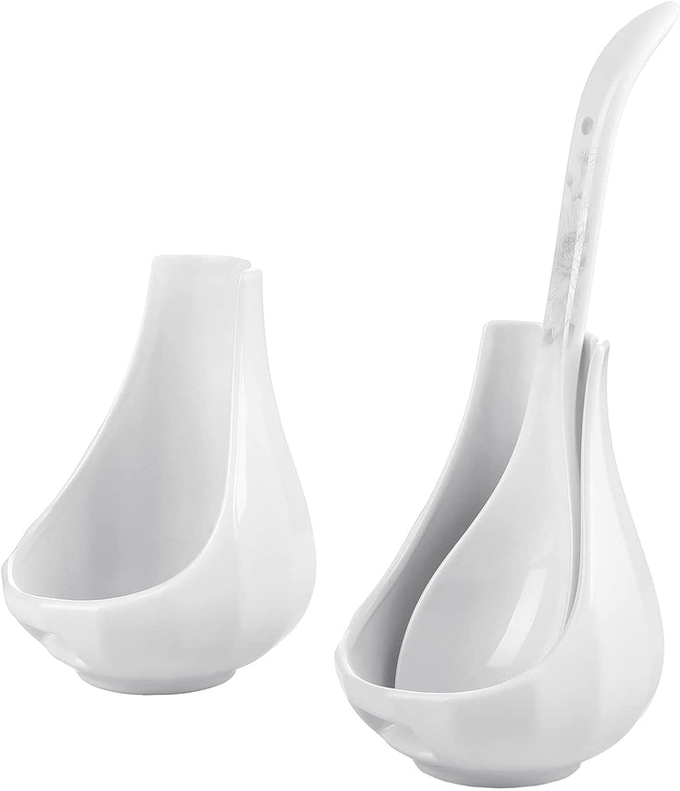 Set of 2, Upright White Ceramic Spoon Rest, Vertical Standing Ladle Holders-MyGift