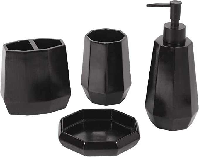 4 Piece Matte Black Resin Bathroom Accessory Set, Includes Soap Dish, Tumbler, Toothbrush Holder and Pump Dispenser-MyGift