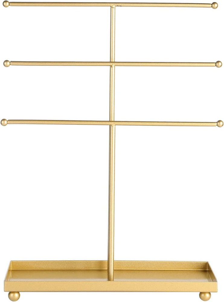 Tiered Brass Tone Metal Tabletop Jewelry Tower, Necklace Hanger, Earring Organizer Rack with Ring Dish Tray-MyGift