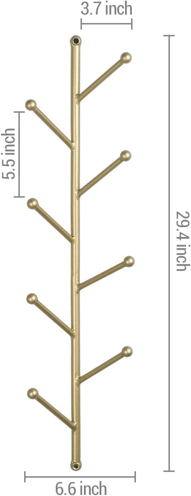 Gold Tone Metal Wall Mounted Hat, Coat, Garment Hanging Rack with 8 Tree Branch Style Hanger Hooks-MyGift