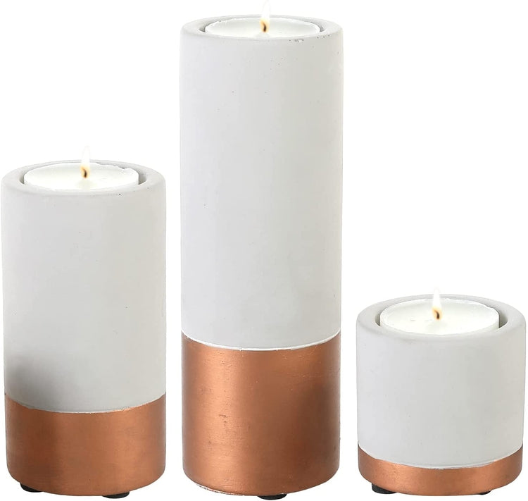 Gray Concrete Cylindrical Tealight Votive Holder Candle Stick with Copper Tone Accent, Set of 3 Cascading Sizes-MyGift