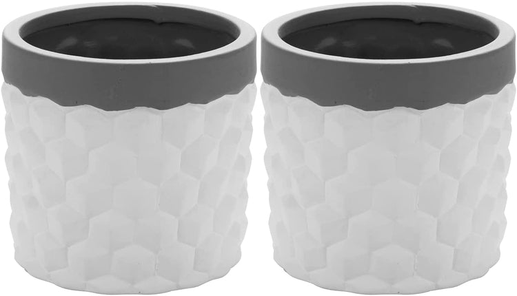 Set of 2, Concrete Planter Flower Pots with White Geometric Embossed Pattern Design and Gray Rim-MyGift