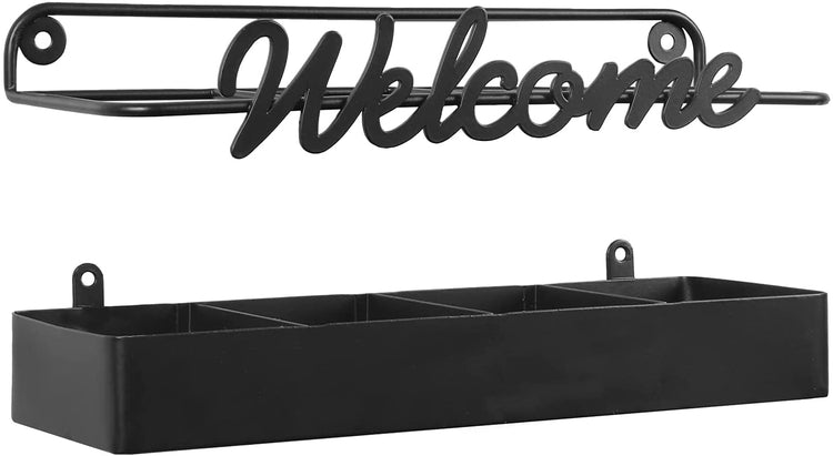 Black Metal Wall Mounted Umbrella Holder Organizer Rack for Tall and Short Umbrellas with Welcome Wire Sign-MyGift