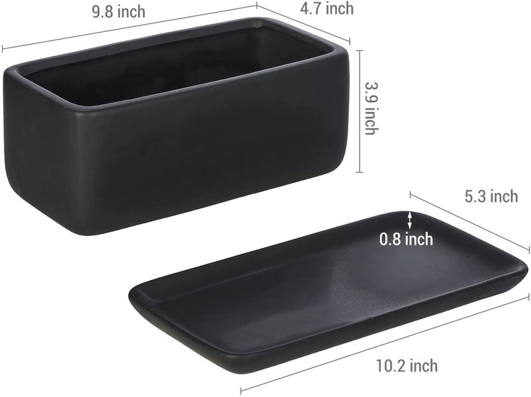 10 Inch Matte Black Ceramic Succulent Planter, Decorative Window Box Rectangular Indoor Pot with Removable Drip Tray-MyGift