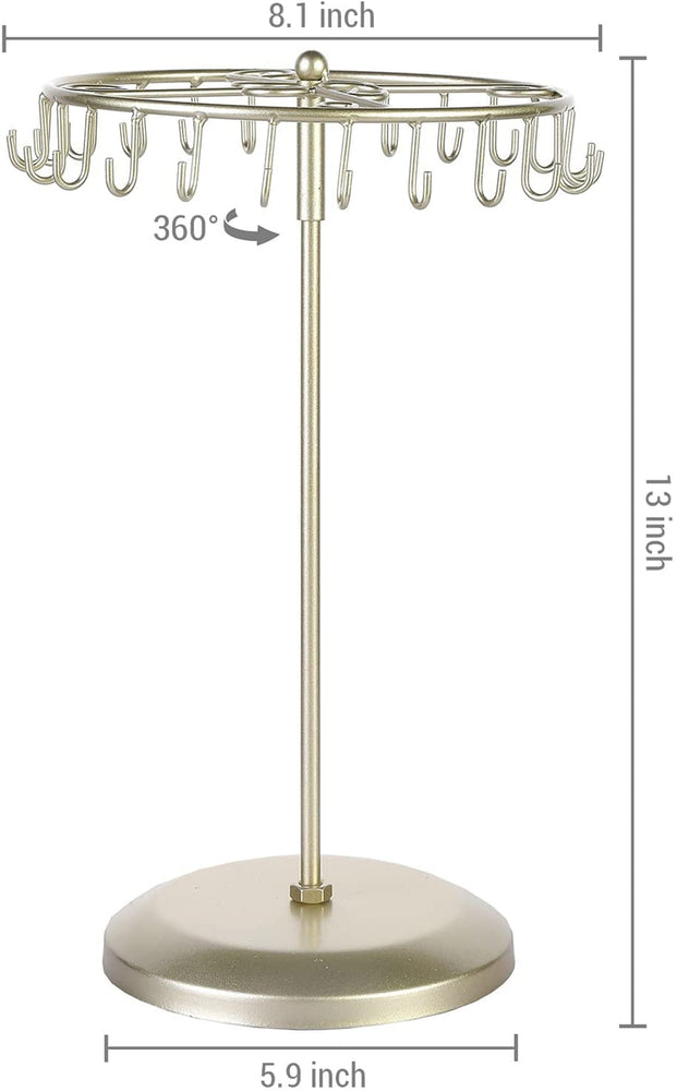 13-Inch Brass Metal Rotating Necklace Holder Organizer, Bracelet Holder Jewelry Tree Stand with 24 Hooks-MyGift