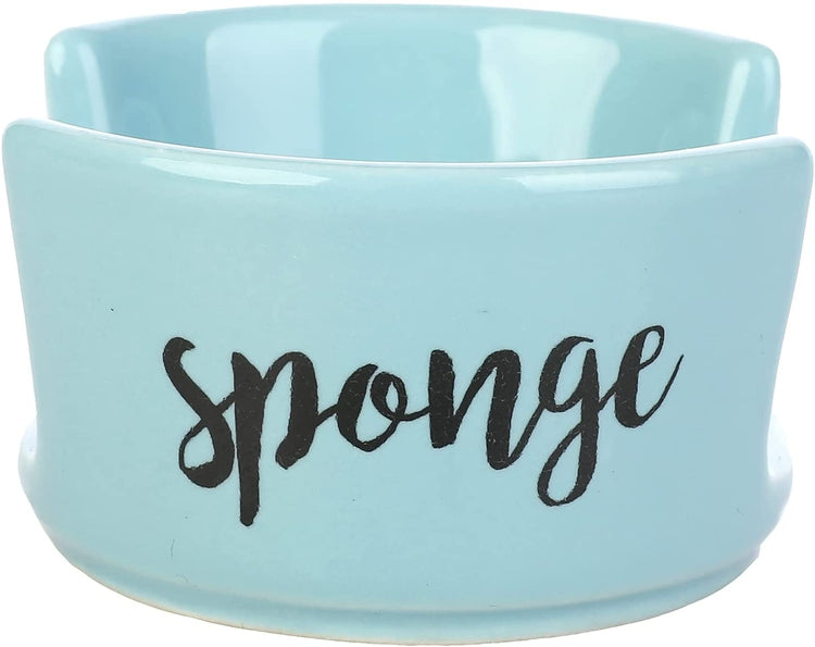 Aqua Blue Ceramic Sponge Holder, Kitchen Sink Countertop Sponge Dish with Cursive Print-MyGift