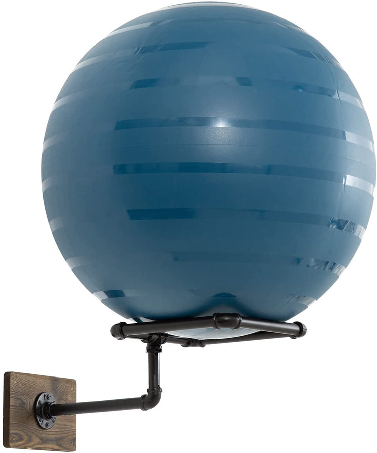 Wall Mounted Stability Ball Rack, Yoga and Exercise Ball Holder Stand with Industrial Metal Pipe and Burnt Wood-MyGift