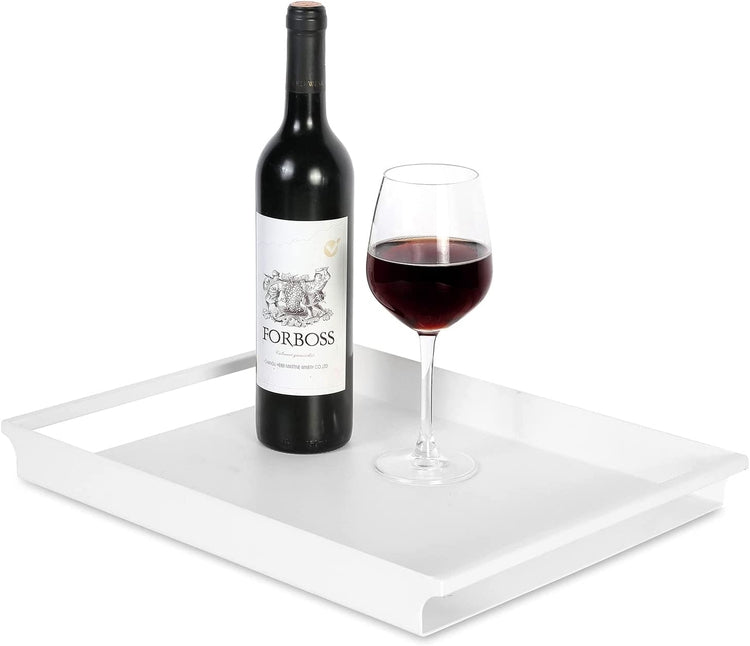Decorative Serving Tray, Matte White Metal Rectangle Ottoman Coffee Table Tray with Rounded Cutout Side Handles-MyGift