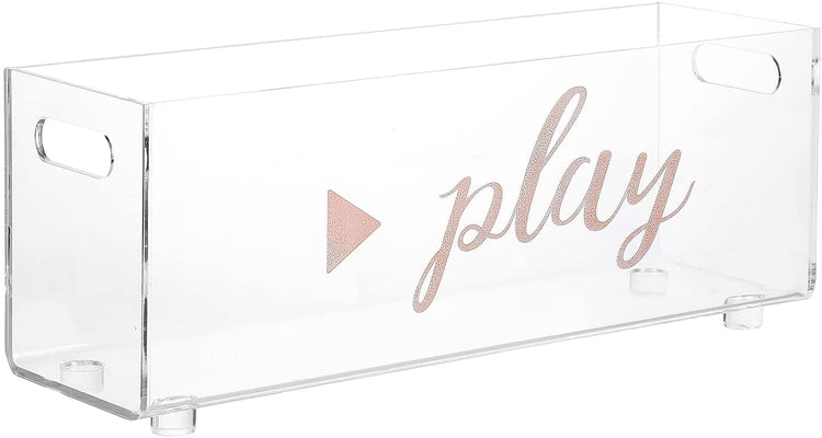 Clear Acrylic VHS Tape Storage Bin, Video Cassette Holder Organizer with Decorative Cursive Rose Gold PLAY Label Print-MyGift