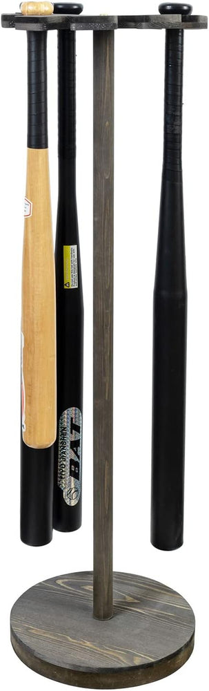 Weathered Gray Baseball Bat Holder Display Rack, Round Wood Freestanding Ball Field Dugout Sport Equipment Storage Stand-MyGift