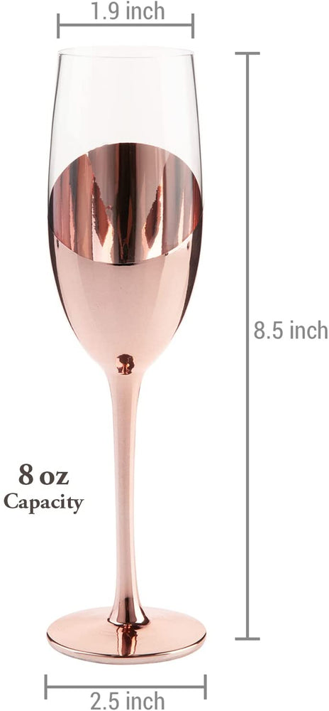 Set of 6, Stemmed Champagne Flute Glasses in Rose Gold-Tone Finish-MyGift