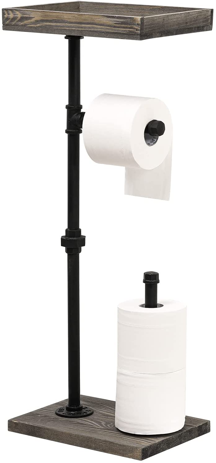 Gray Wood and Industrial Metal Pipe Freestanding Toilet Paper Roll Holder Stand with Reserve Storage and Top Shelf Tray-MyGift