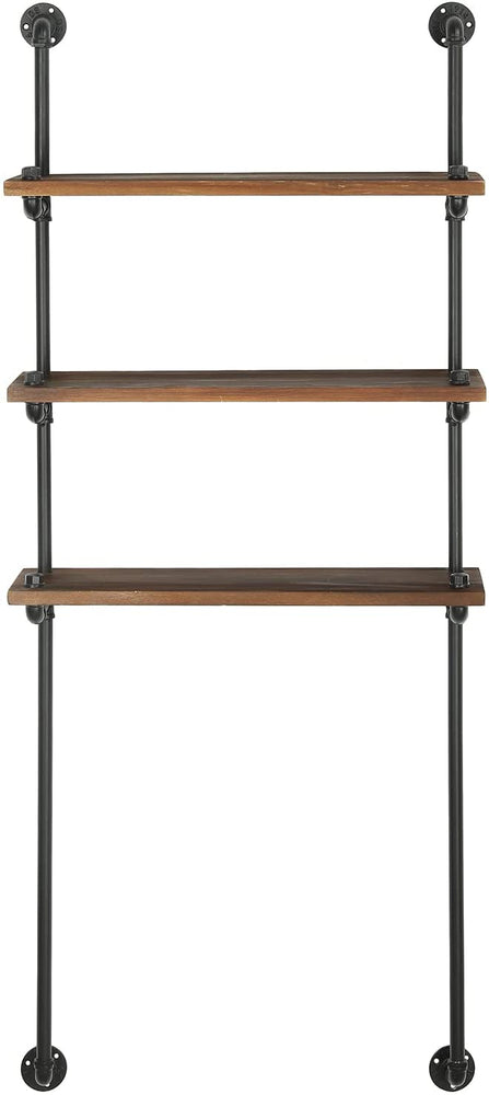Rustic Industrial Pipe and Burnt Wood 3 Tier Over-the-Toilet Wall Storage Shelf Rack-MyGift