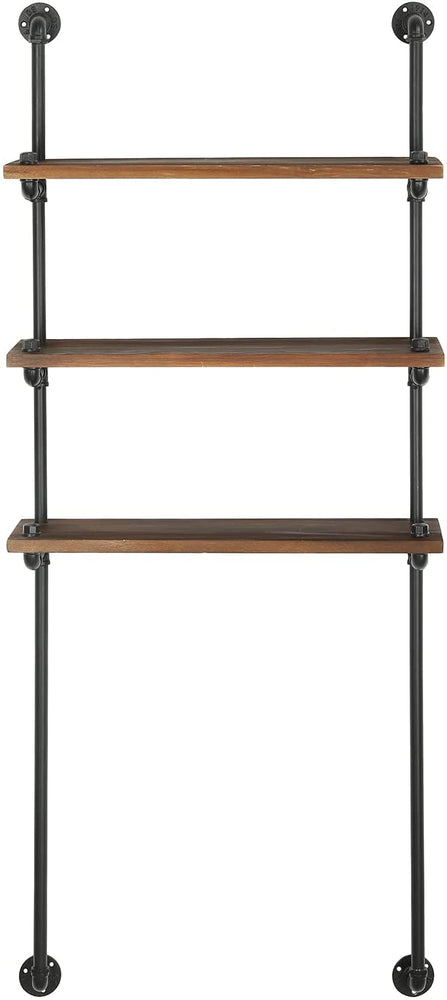 Rustic Industrial Pipe and Burnt Wood 3 Tier Over-the-Toilet Wall Storage Shelf Rack-MyGift