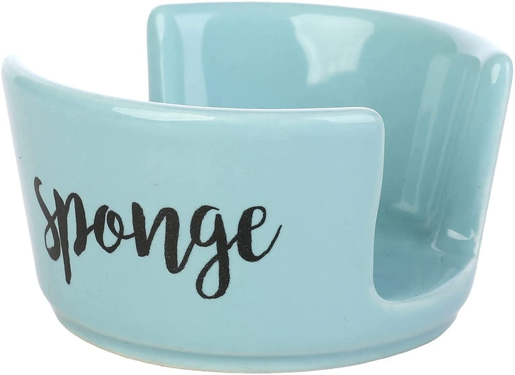 Aqua Blue Ceramic Sponge Holder, Kitchen Sink Countertop Sponge Dish with Cursive Print-MyGift