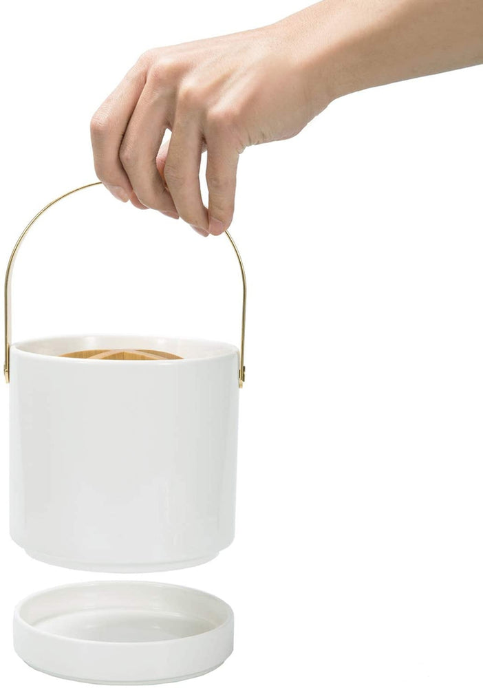 4 Compartment Modern White Ceramic Dining Utensil Caddy with Brass Carrying Handle-MyGift