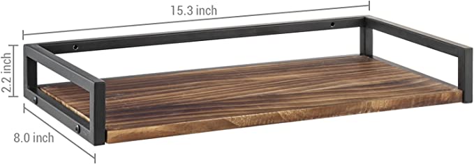 Burnt Wood Floating Shelf, Wall Mounted Collectible Display Rack with Black Metal Rails-MyGift
