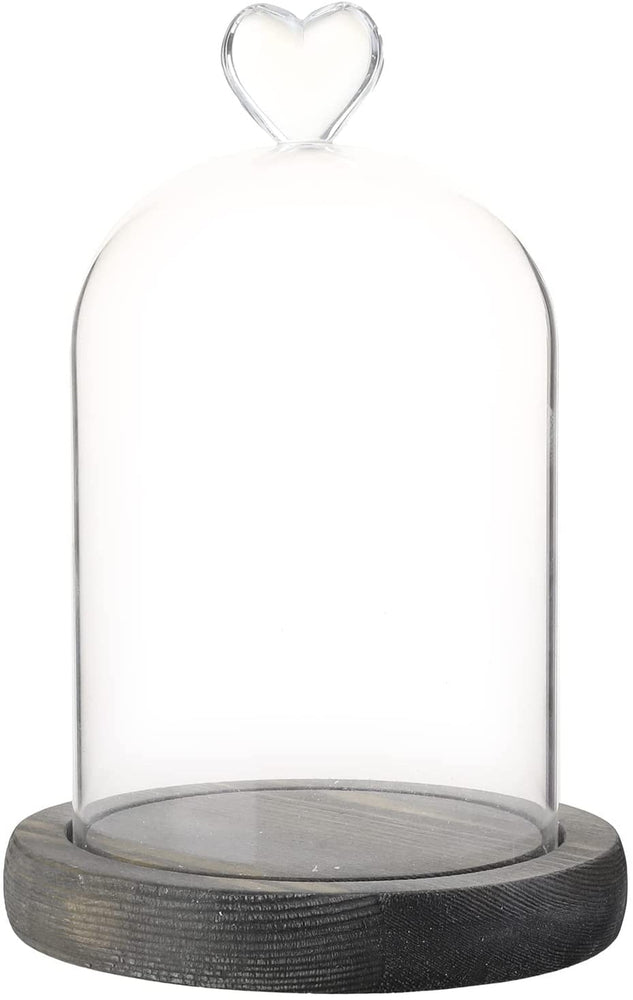 Mini Tabletop Display Case Dome with Heart Handled Clear Glass Cloche Bell Cover and Vintage Gray Wood Base-MyGift
