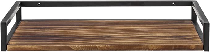 Burnt Wood Floating Shelf, Wall Mounted Collectible Display Rack with Black Metal Rails-MyGift