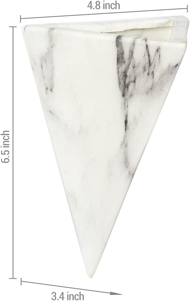 Set of 2, Triangle Hanging Planter Wall Mounted Geometric White Marble Ceramic Succulent Sconce Vases-MyGift