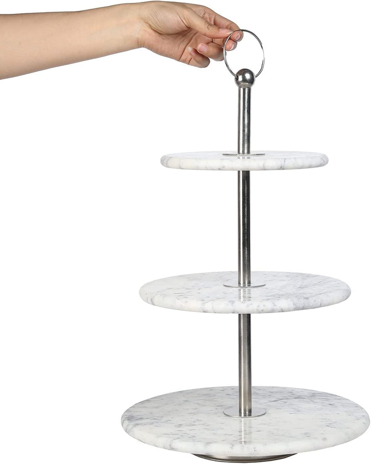 3 Tier Round Natural White Marble with Silver Tone Metal Cupcake Holder Dessert Server Commercial Display Riser Stand-MyGift