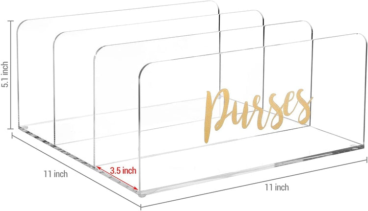 3 Compartment Clear Acrylic Purses Holder, Handbag Closet Organizer Display Rack with Brass Cursive PURSES Label-MyGift