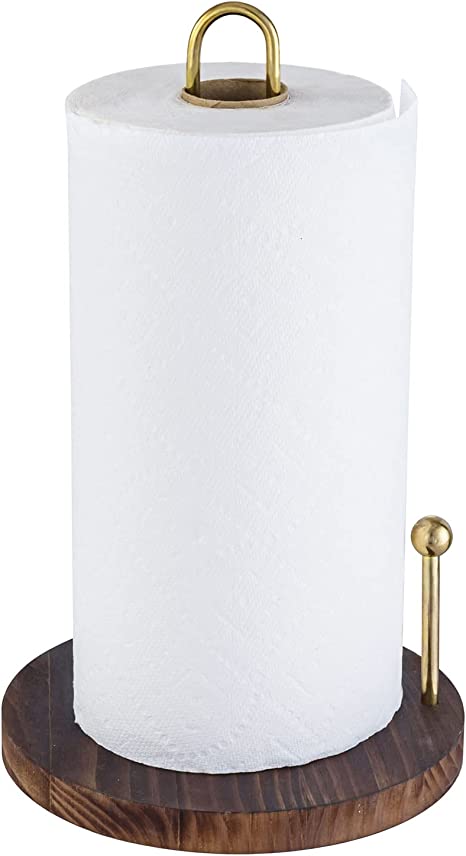 Modern Brass Tone Kitchen Paper Towel Holder with Round Burnt Wood Base-MyGift