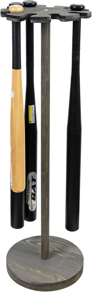 Weathered Gray Baseball Bat Holder Display Rack, Round Wood Freestanding Ball Field Dugout Sport Equipment Storage Stand-MyGift