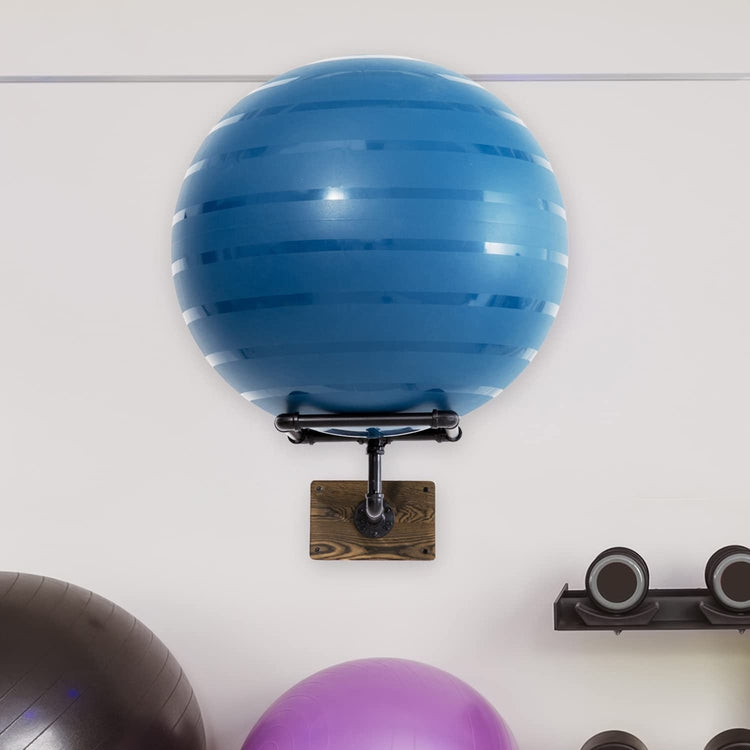 Wall Mounted Stability Ball Rack, Yoga and Exercise Ball Holder Stand with Industrial Metal Pipe and Burnt Wood-MyGift