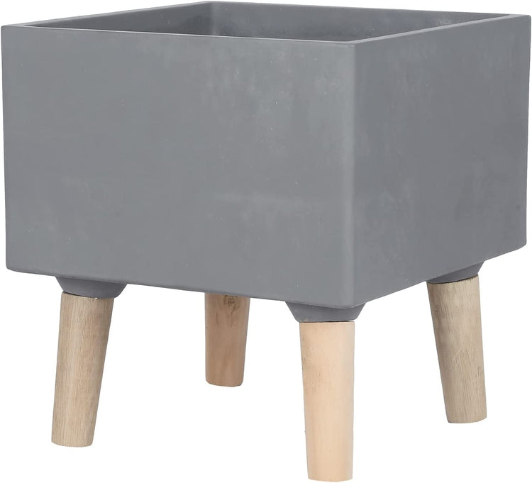 Gray Concrete House Plant Stand with Wood Legs, 8 Inch Freestanding Planter Flower Pot Display Rack-MyGift