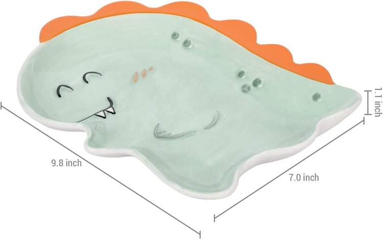 Baby Dinosaur Plate, Cute Turquoise and Orange Ceramic Dino Cartoon Serving Platter Tray-MyGift