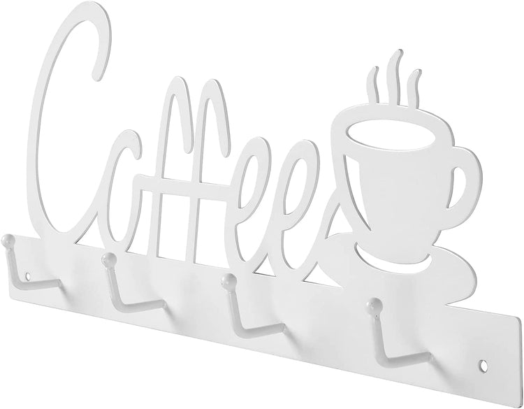 4-Hook White Metal Coffee Cup Wall Mounted Sign and Café Mug Storage Rack-MyGift
