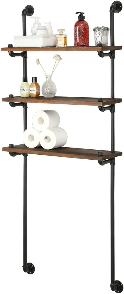 Rustic Industrial Pipe and Burnt Wood 3 Tier Over-the-Toilet Wall Storage Shelf Rack-MyGift