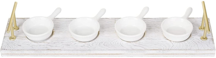 Whitewashed Wood Serving Tray with Brass Tone Handles and 4 Mini White Ceramic Handled Bowls for Dips, Sauces-MyGift